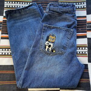 Empyre Loose Fit Alley Cat Blue Denim Skate Jeans Size 30 Embroidered Streetwear
